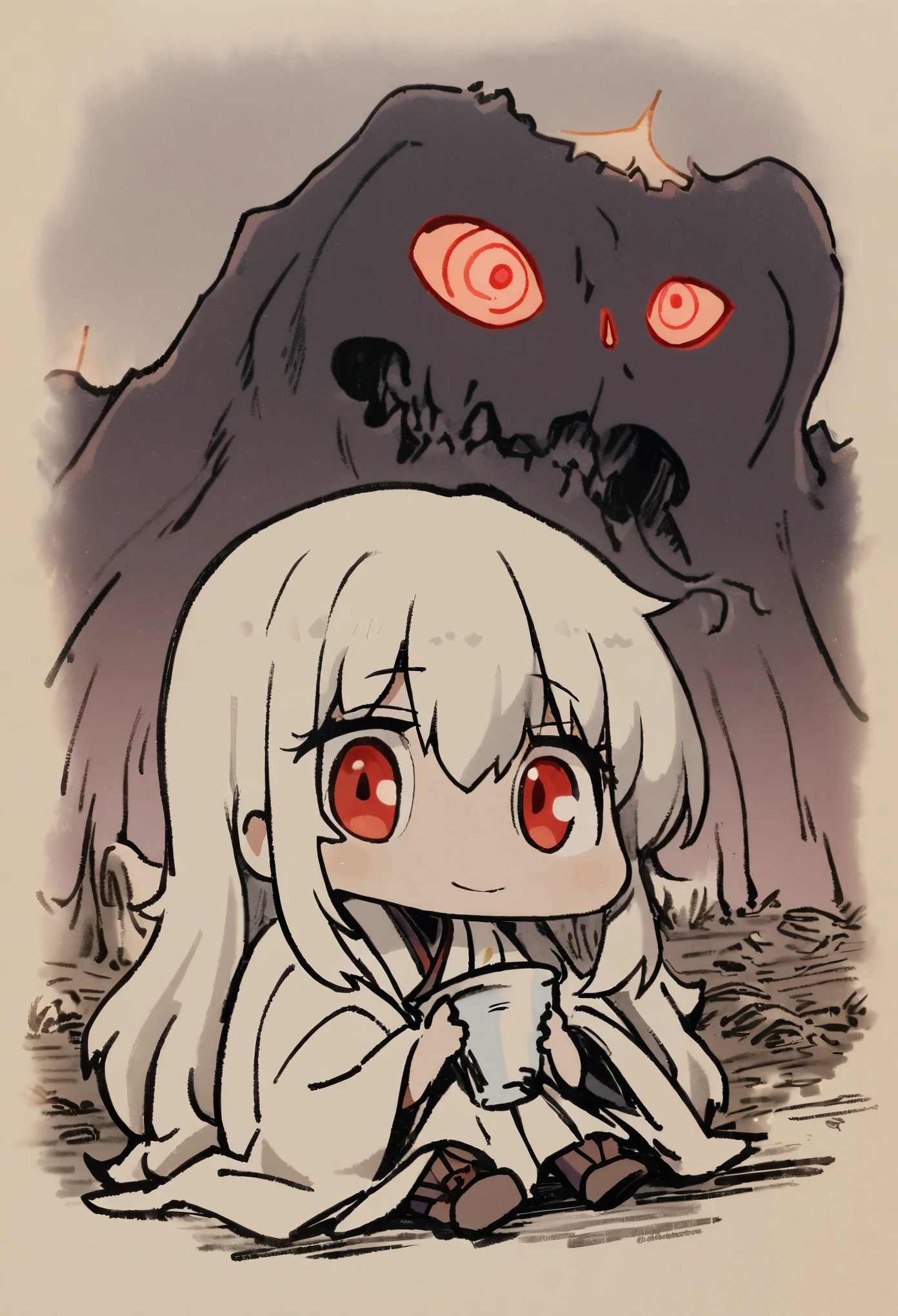 (1 girl:1.2), solo, himecut,traditional japanese clothes, red eyes,cartoon style, joe fenton, a black and white photo of deadpan, camping, unbecoming, gnawling, envy, Ghast (Lovecraftian),calm, soft smile, Wayne Barlowe,, in gochuumon wa usagi desu ka? style, nostalgic