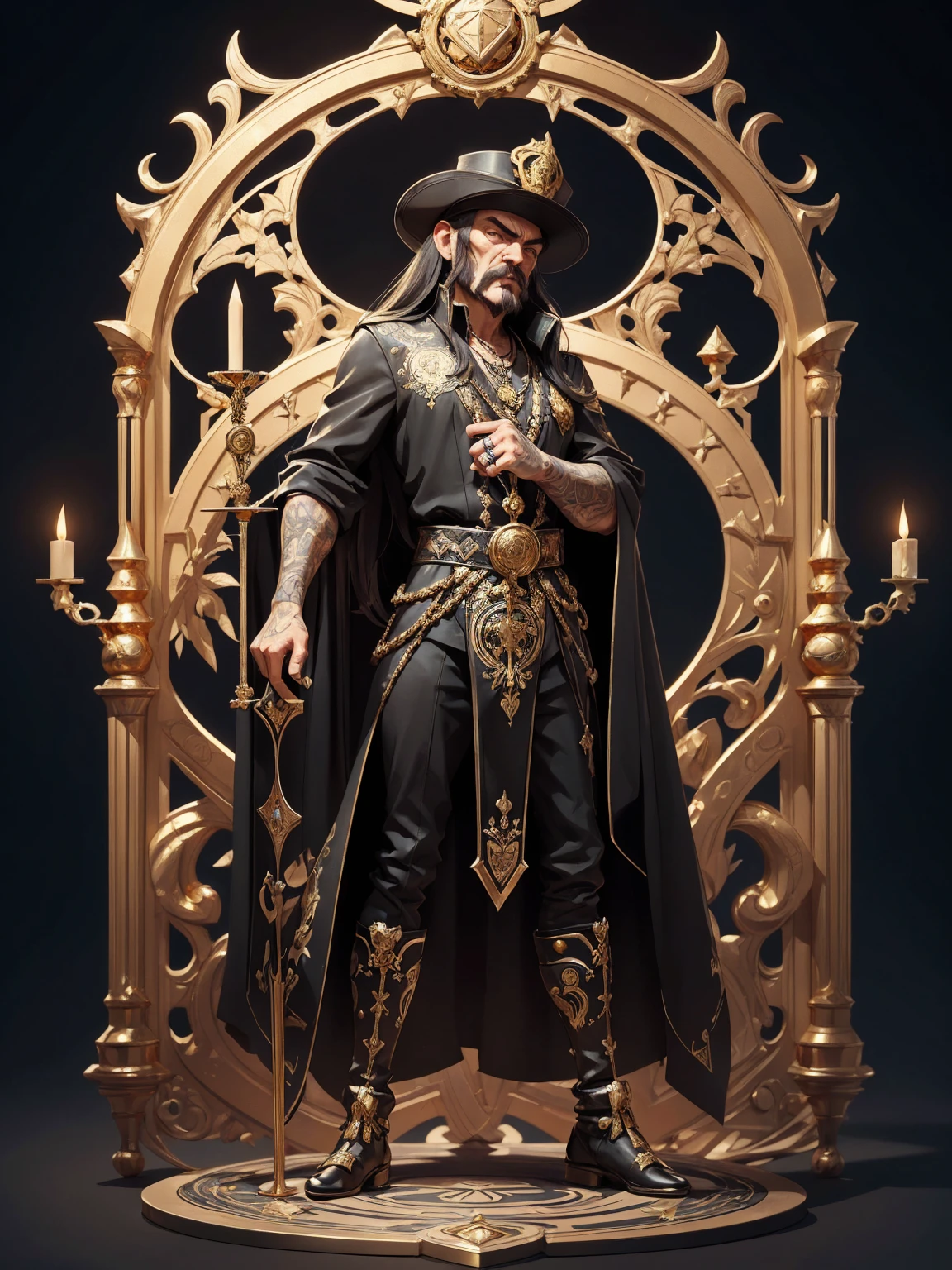 ((Art Nouveau Style)); Lemmy Kilmister as The King of Spades in a stoic pose; ((Traditional King of Spades outfit)); standing; ultrarealistic skin, ultrarealistic face; ultrarealistic body; ((ultrarealistic gold ornaments)); detailed skin; ultra detailed eyes; ultra detailed face; full body symmetrical with thick lines, Fibonacci, golden ratio, 3D metal structure tessellation, neural graphic, neurons, color, love, passion, incredibly detailed, 8k, masterpiece, artstation, surreal