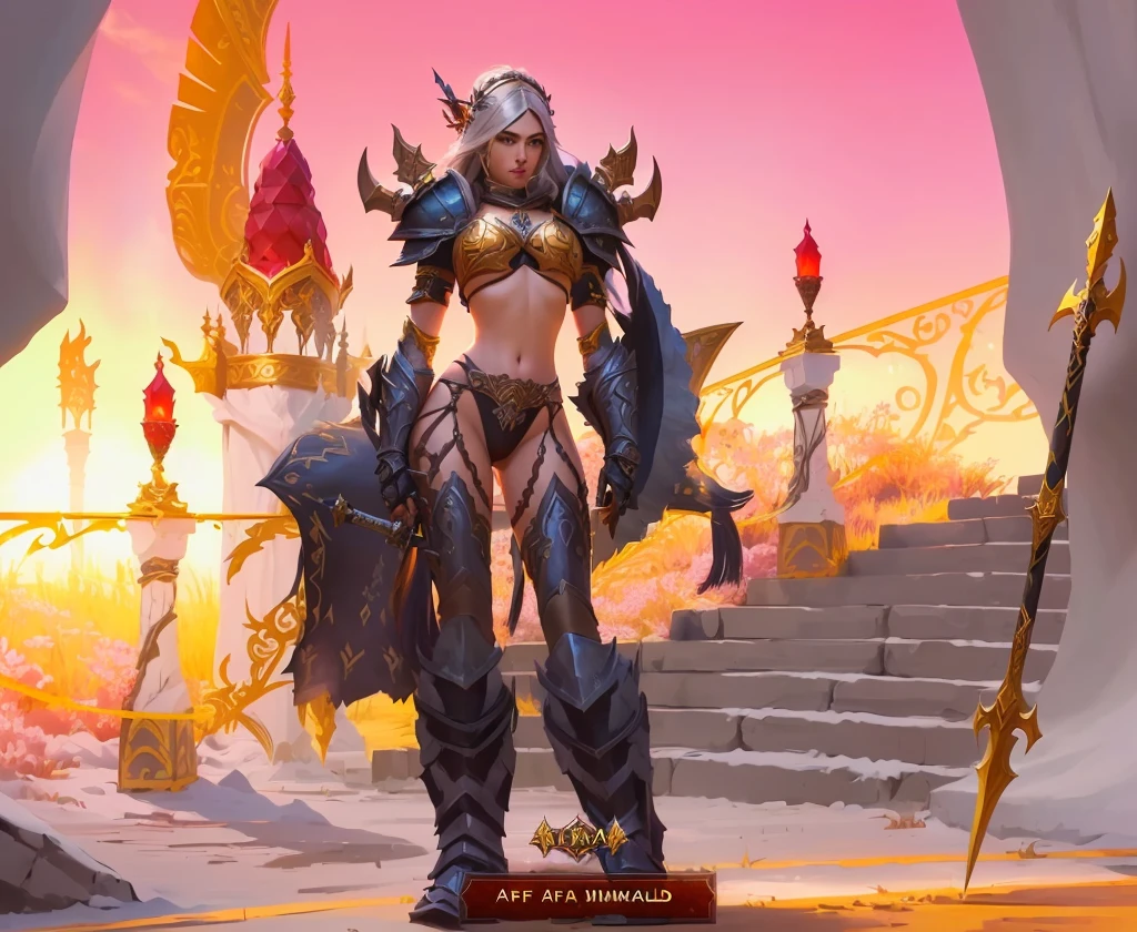 araf female character in a game setting with a sword, ornate bikini armor, armadura do mundo de warcraft, women&#39;s knight bikini armor, paladina feminina, gorgeous paladina feminina, epic paladin armor, picture of paladina feminina, armadura refletida de cor de fogo preto, usando peitoral brilhante, fuchsia skin below the armor, uau 4 k detalhe fantasia, enormes ombreiras