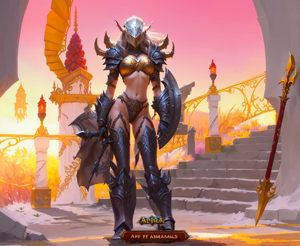 araf female character in a game setting with a sword, ornate bikini armor, armadura do mundo de warcraft, women's knight bikini armor, paladina feminina, gorgeous paladina feminina, epic paladin armor, picture of paladina feminina, armadura refletida de cor de fogo preto, usando peitoral brilhante, fuchsia skin below the armor, uau 4 k detalhe fantasia, enormes ombreiras