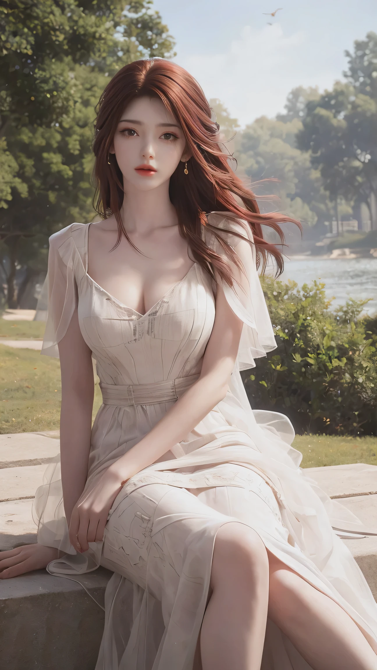 8K Ultra HD, Mastmis, A girl, Good face, Detailed, Eyes, Beautiful lips, Very red hair, dishiveredhair, Medium breasts, Wedding dress, White dress, In the park, Flying birds, blows wind, clear weather, Sitting, Full body capture,