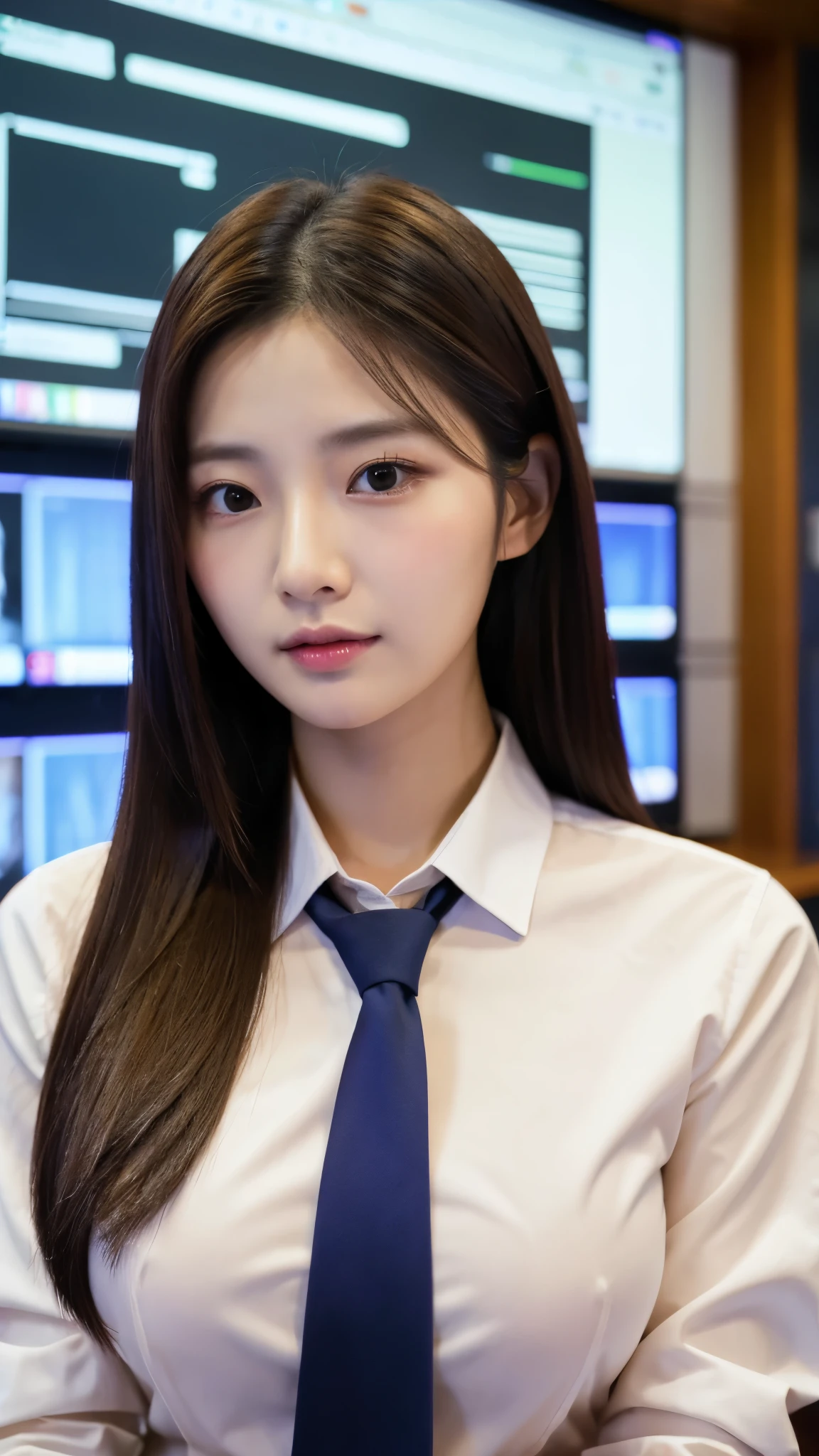 Extreme close-up of beautiful korean female, 34 inches breasts size, wearing long sleeves shirt, necktie, holding documents file, in front of the board, UHD