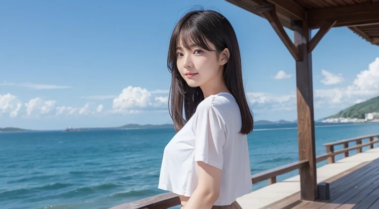 8K、Detailed Description、Very high definition、Realistic、reality的、Real、live-action、reality、High resolution、Nogizaka46、japanese idol,beautiful girl、21 years old、Dark brown eyes、sunny、summer、blue sky、View of the sea、Are standing、Back view、look back、smile,closed mouth,cropped shirt,pleated skirt,forehead,silky hair,Straight Hair、light smile,closed mouth,arm behind back,Knee-up-top angle of view、Back view、look back、Very black hair、pretty girl、Beauty、Glowing Skin、Glowing Skin、Shiny Hair、Hair blowing in the wind、Very white skin、Heavy makeup、Large Breasts、Slit eyes、Big Eyes、Dark brown eyes、Double eyelids、Don't show your teeth、Parting her bangs、Show your forehead、Put your hands behind your back
