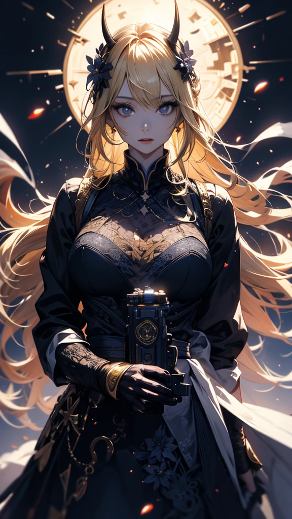masterpiece, high quality, 4K, Beautiful design, silhouette,blonde, 非常に詳細な夜のStarry Sky,Flower Field, wonderful, Finer details, A very knowledgeable female demon, Highly detailed solo, 1 female,Big Breasts,Gothic ta Fashion,2Hold a gun in front of your chest.,Night view,Starry Sky,full moon,