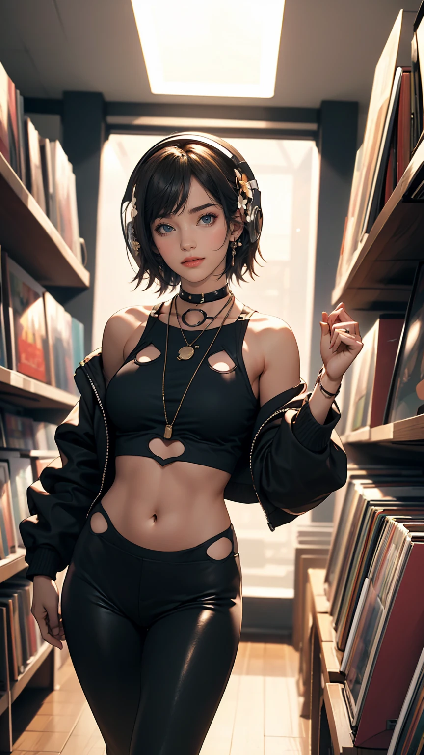 24-year-old female、Sheer front cut-out((front cutout))Wear tops、Wear low rise leggings、smile、View your viewers、Inside a record store in the 80s、Hang headphones around your neck、Hold up a Beatles record jacket and show it to the audience、I'm glad you found your purpose