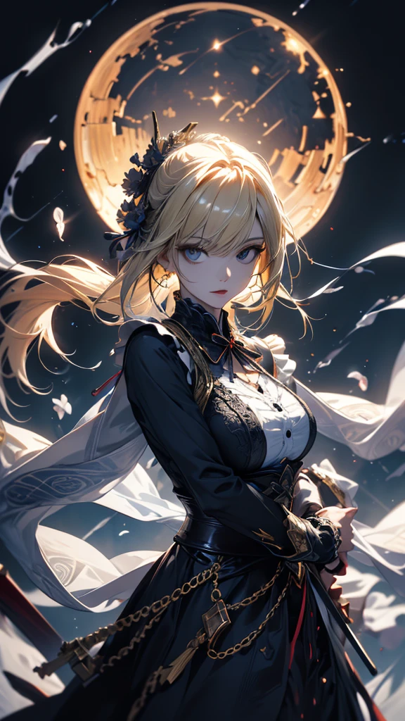masterpiece, high quality, 4K, Beautiful design, silhouette,blonde, 非常に詳細な夜のStarry Sky,Flower Field, wonderful, Finer details, A very knowledgeable female demon, Highly detailed solo, 1 female,Big Breasts,Gothic ta Fashion,2Hold a gun in front of your chest.,Night view,Starry Sky,full moon,