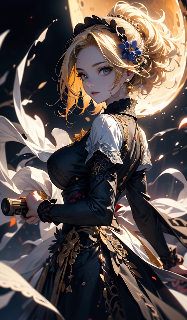 masterpiece, high quality, 4K, Beautiful design, silhouette，blonde， 非常に詳細な夜のStarry Sky,Flower Field， wonderful, Finer details,  A very knowledgeable female demon, Highly detailed solo, 1 female,Big Breasts，Gothic Lolita Fashion，２Hold a gun in front of your chest.，Night view，Starry Sky，full moon，