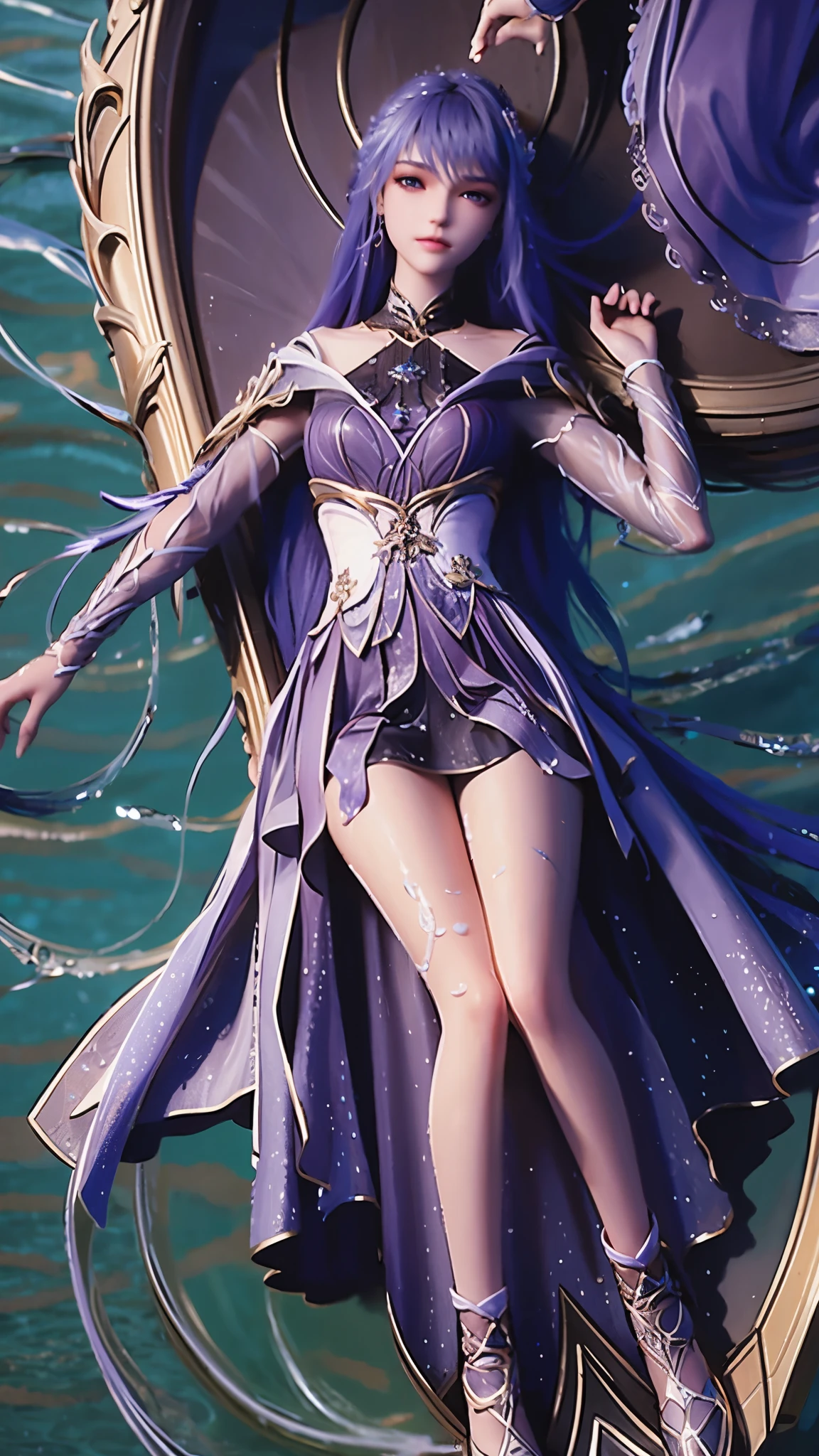 a girl lying on a bed under the starry sky, exquisite smile, beautiful detailed eyes, beautiful detailed lips, extremely detailed face and eyes, long eyelashes, voluptuous body, flowing hair, navel, best quality, masterpiece, ultra-high, (realistic:1.4), raw photo, (beautiful face:1.2), (lying on water surface:1.5), 1girl, (surreal), (8k), (4k), physically based rendering, starry sky, ((full body shot)), wearing crystal high heels, cross-legged, tulle covering thighs, long skirt covering thighs