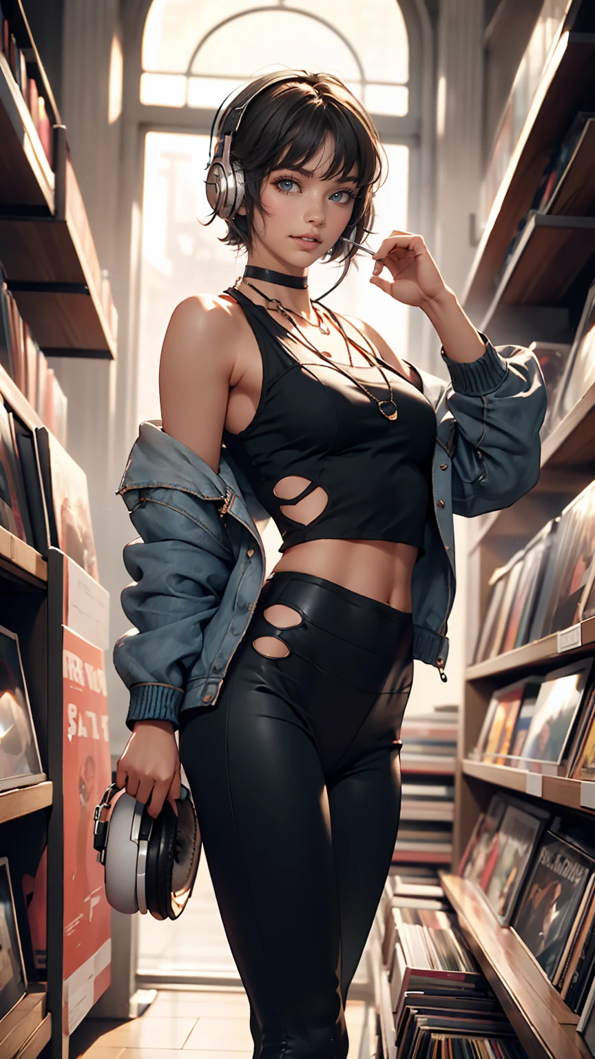 24-year-old female、Sheer front cut-out((front cutout))Wear tops、Wear low rise leggings、smile、View your viewers、Inside a record store in the 80s、Hang headphones around your neck、Hold up a Beatles record jacket and show it to the audience、I'm glad you found your purpose