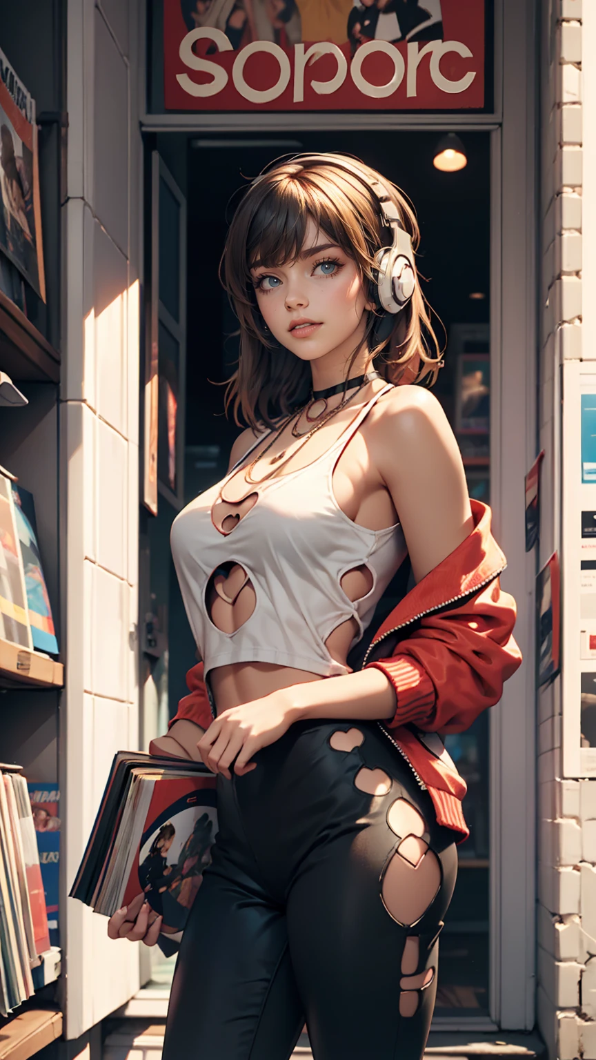 24-year-old female、Sheer front cut-out((front cutout))Wear tops、Wear low rise leggings、smile、View your viewers、Inside a record store in the 80s、Hang headphones around your neck、Hold up a Beatles record jacket and show it to the audience、I'm glad you found your purpose