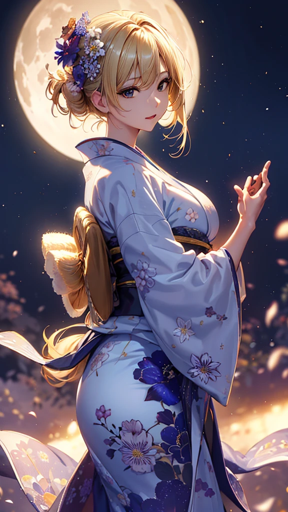 masterpiece, high quality, 4K, Beautiful design, silhouette,blonde, 非常に詳細な夜のStarry Sky,Flower Field, wonderful, Finer details, Very knowledgeable woman, Highly detailed solo, 1 female,Big Breasts,Yukata in white color,Night view,Starry Sky,full moon,