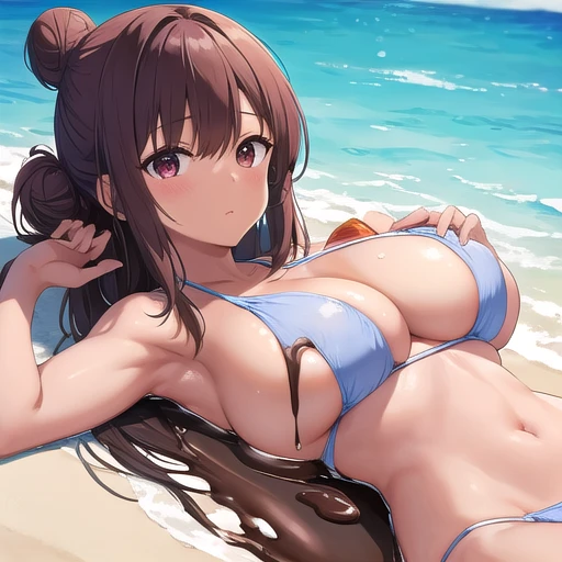 swimsuit,big breast,Chocolate poured over white skin,lying on your back,Hair Bun