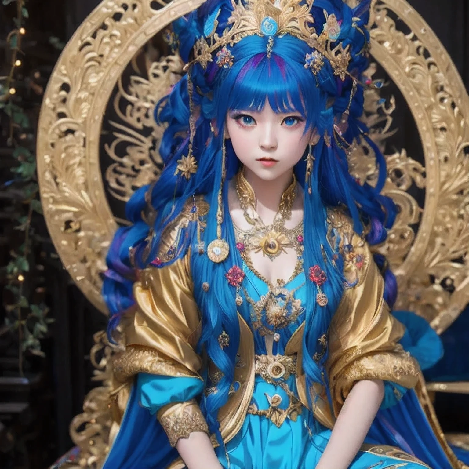 18 years old with blue hair wearing a gold crown and a blue wig, fantasy art style, ((a beautiful fantasy empress)), a beautiful fantasy empress, artwork in the style of Girl, azure. detailed hair, 18 years old, palace ， a girl in hanfu, beautiful celestial mage, anime girl with cosmic hair