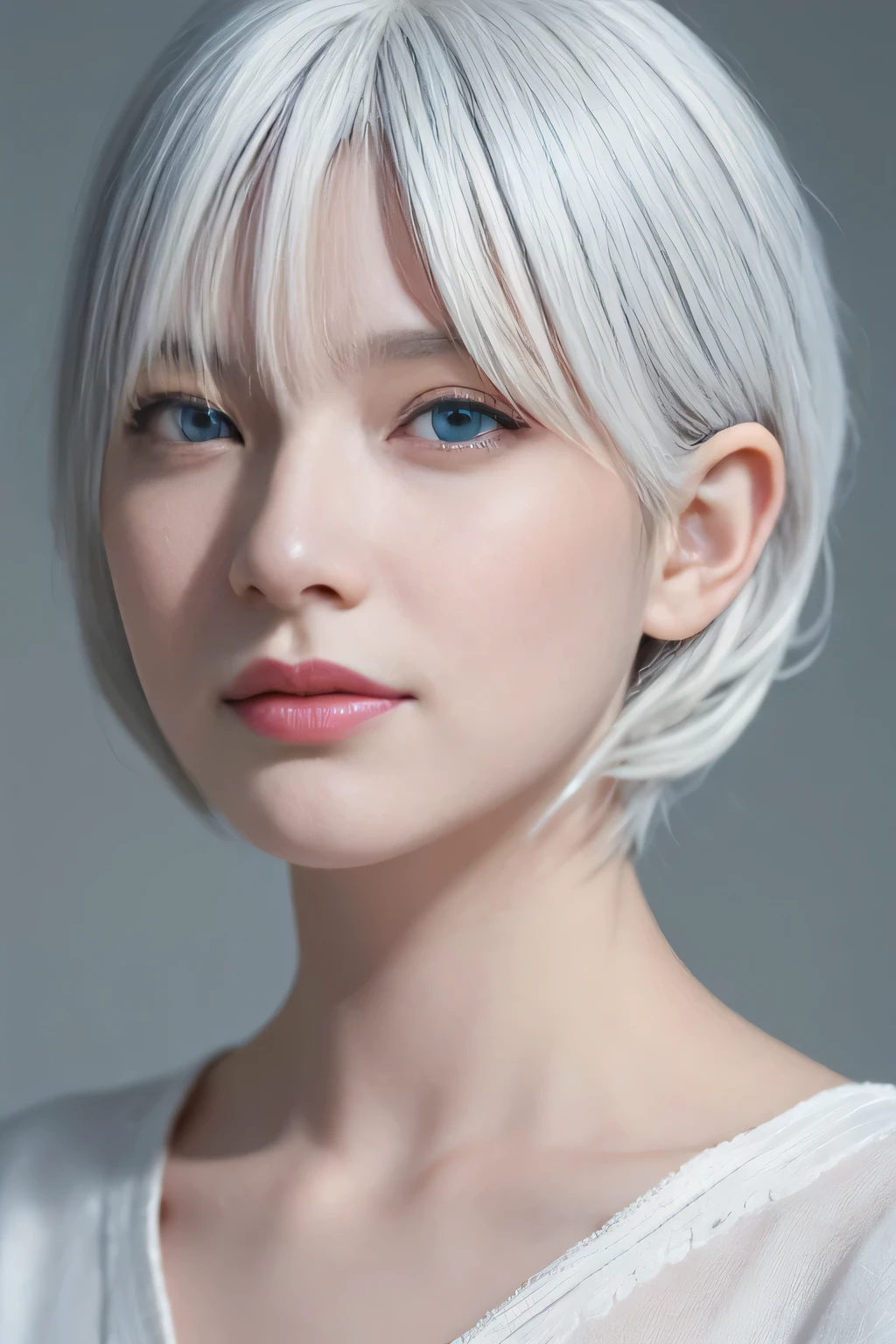 Hair shaking, victory, Long eyelashes, Solid round eye, A faint smile, Red ears, direction, SurRealityism, shadow, comfort, Stereogram, Standing picture, view, Atmospheric perspective, 8K, Super Detail, precise, best quality, Award-winning works, best quality, high resolution, high quality, High Detail, Super Detail, Anatomically correct, Ultra high quality, Retina, masterpiece, precise,(blue eyes:1.2)、The most beautiful smile、(white hair:1.5)、、short hair, (Original Photography、Top quality)、(Realityism、Reality:1.3)、Top quality、masterpiece、Extremely beautiful、Very detailed的、north african trade zone、sense of unity、2k wallpapers、Gorgeous、Pretty Face,Every detail、masterpiece、A faint smile、Top quality、Highly detailed Unity 8K wallpaper、Huge file size、Super detailed、high resolution、Very detailed、1 female、Slim、D cup、(Black tights:0.7)、(Pink skirt:1.2)、Appearance、Stay focused、Close-up of face、Pure face_V1:0.8 short hair、Instagram、viewer'View、Selfie