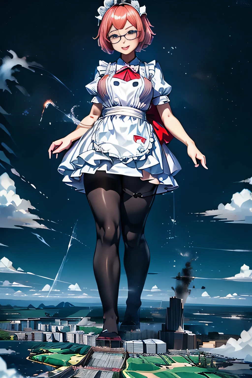 giantess art, highly detailed giantess shots, giantess, Two legs, Five fingers, short hair, A beautiful girl who is bigger than any skyscraper, Wearing rimless glasses, smile, Big Breasts, Maid clothes, Black Pantyhose, black pantyhose, no shoes on, toes visible through pantyhose, Steam coming out from the soles of my feet, Destroying cities, A very small big city, Miniature metropolis, Full body description, GTS, giga giantess, stomping city, crash city, tiny city, micro city, pantyhose feet, High resolution, highest quality, masterpiece, Maid, maid,