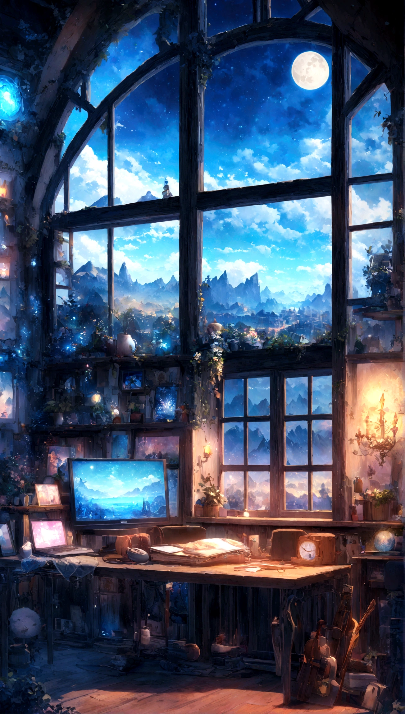 on the desk、No people、Tablet、liquid crystal、moon、PC Monitor、liquid crystalTablet、smartphone、wall、Dark atmosphere、Blue Neon、Blue Star、keyboard、Vocal Microphone、headphone、Large windows、scenery、white flowers and a laptop on a desk in front of a window, a digital painting inspired by Uragami Gyokudō, pixiv contest winner, magical realism, magic lab background, magical background, background art, personal room background, random background scene, anime background art, cozy cafe background, fairy tale style background, background artwork, mobile game background