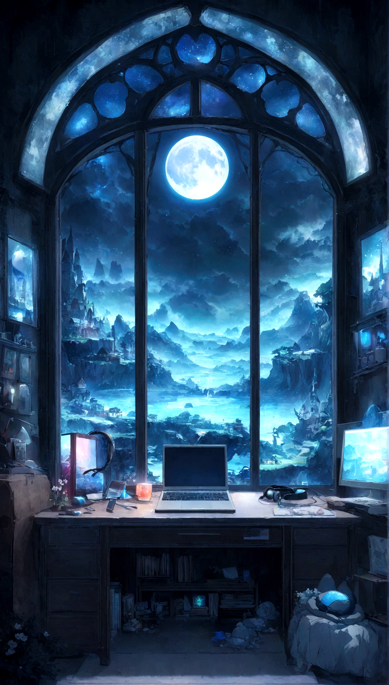 on the desk、No people、Tablet、liquid crystal、moon、PC Monitor、liquid crystalTablet、smartphone、wall、Dark atmosphere、Blue Neon、Blue Star、keyboard、Vocal Microphone、headphone、Large windows、scenery、white flowers and a laptop on a desk in front of a window, a digital painting inspired by Uragami Gyokudō, pixiv contest winner, magical realism, magic lab background, magical background, background art, personal room background, random background scene, anime background art, cozy cafe background, fairy tale style background, background artwork, mobile game background