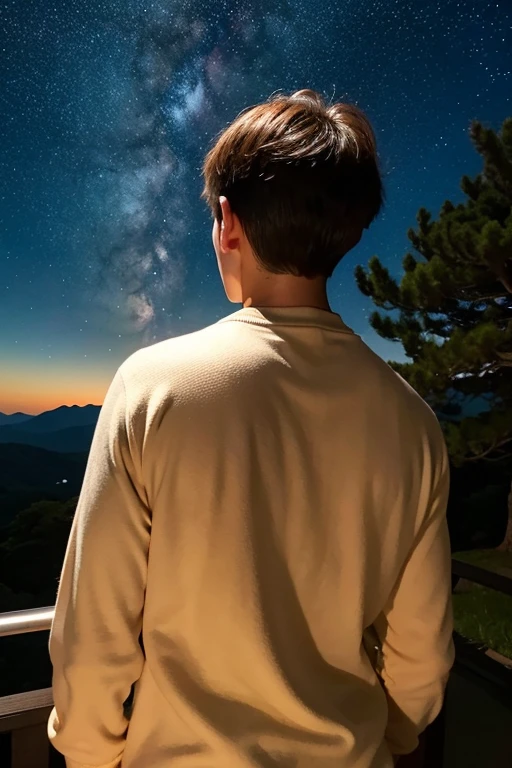 23 years old、One man、Back view、Brown Hair、Japanese、Short Hair、Photographing the back and head from directly behind、Do not show your face for a single moment、Against the background of the starry sky。Does not contain any characters。Not having any possessions。