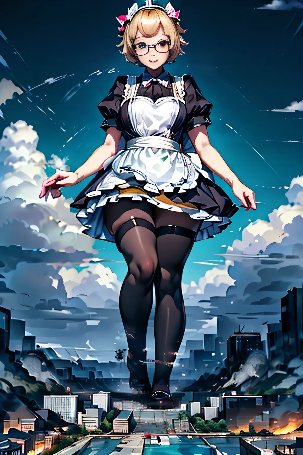 giantess art, highly detailed giantess shots, giantess, Two legs, Five fingers, short hair, A beautiful girl who is bigger than any skyscraper, Wearing rimless glasses, smile, Big Breasts, Maid clothes, Black Pantyhose, black pantyhose, no shoes on, toes visible through pantyhose, Steam coming out from the soles of my feet, Destroying cities, A very small big city, Miniature metropolis, Full body description, GTS, giga giantess, stomping city, crash city, tiny city, micro city, pantyhose feet, High resolution, highest quality, masterpiece, Maid, maid,
