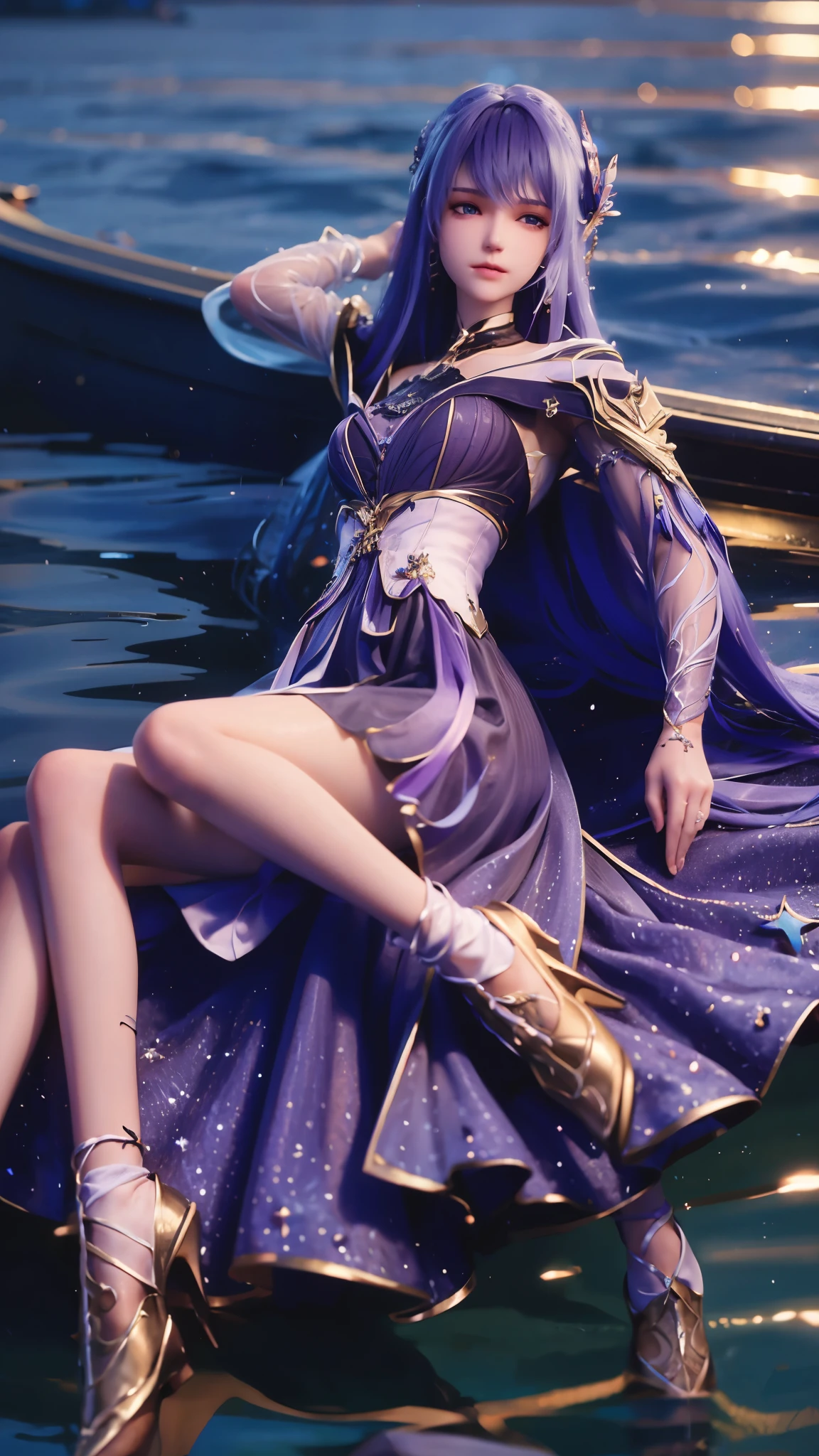 A girl lying on the bed under the stars, delicate smile, beautiful delicate eyes, beautiful delicate lips, extremely delicate face and eyes, long eyelashes, sexy body, flowing hair, best picture quality, famous works, ultra high resolution, (realistic :1.4), RAW photos, (Beautiful face :1.2), (Lying on the water :1.5), 1 girl, (Surreal), (8K), (4K), physical rendering, starry sky, ((full body shot)), barefoot, cross-legged, wearing a dress, long skirt, fairy ears