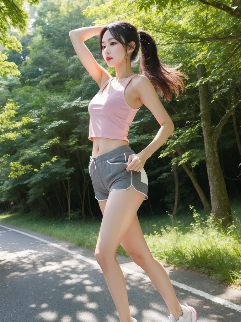 (8k, Photorealistic, Raw photo, Highest quality: 1.4),Japanese idol style1Beautiful girl of the person,18-year-old,Ponytail hairstyle,Black Hair,My hair is blowing in the wind,Big, clear grey eyes,Long eyelashes,Plump Cheeks,Wearing pink lipstick,Apply gloss over your lipstick for glossy, plump lips,Firm and slim abdomen,Wearing a short tank top,Wearing shorts,Wearing white sports shoes,Running along a forest road, looking straight ahead with a serious expression,She is surrounded by the gentle sunlight filtering through the trees.,Full body snapshot
