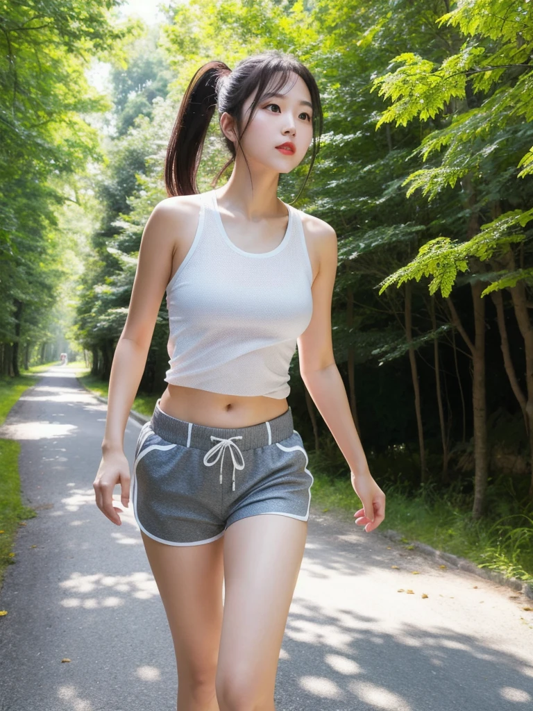 (8k, Photorealistic, Raw photo, Highest quality: 1.4),Japanese idol style1Beautiful girl of the person,18-year-old,Straight Hair,Black Hair,tied behind the head,Her tied up hair is fluttering in the wind,Wearing a cap,Big, clear grey eyes,Long eyelashes,Plump Cheeks,cheeks are flushed,She is wearing pink lipstick,Apply gloss over your lipstick for glossy, plump lips,Her chest is glistening with sweat,Firm and slim abdomen,Wearing sportswear with a short tank top,Wearing sportswear,Wearing white sports shoes,Running along a forest road, looking straight ahead with a serious expression,She is surrounded by the gentle sunlight filtering through the trees.,Full body snapshot