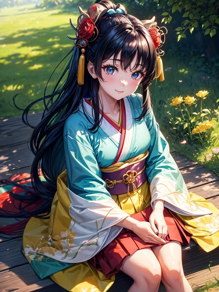 20 years old girl, (sits like a geisha in a forest on green gras), (surrounded by red roses, black long hair blowing in the wind), the girl has deer antlers, (the girl wears a yellow traditional japanese Kimono, viewing angle slightly from above, she have beautiful blue eyes, she smiles slightly, blue butterflys flying around her,  good quality , featuring soft tones reminiscent of Kyoto Animation, luminism, semi realistic , (( vibrant colors ))