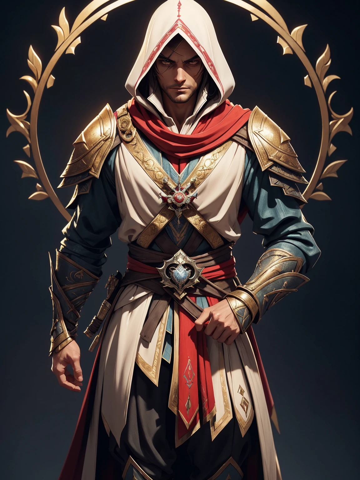 Ezio Auditore da Firenze (Assassin's Creed Character) in a stoic pose; ((Traditional Assassin's Creed outfit)); standing; ((Assassin's Creed style)); ultrarealistic skin, ultrarealistic face; ultrarealistic body; ((ultrarealistic gold ornaments)); detailed skin; ultra detailed eyes; ultra detailed face; full body symmetrical with thick lines, Fibonacci, golden ratio, 3D metal structure tessellation, neural graphic, neurons, color, love, passion, incredibly detailed, 8k, masterpiece, artstation, surreal
