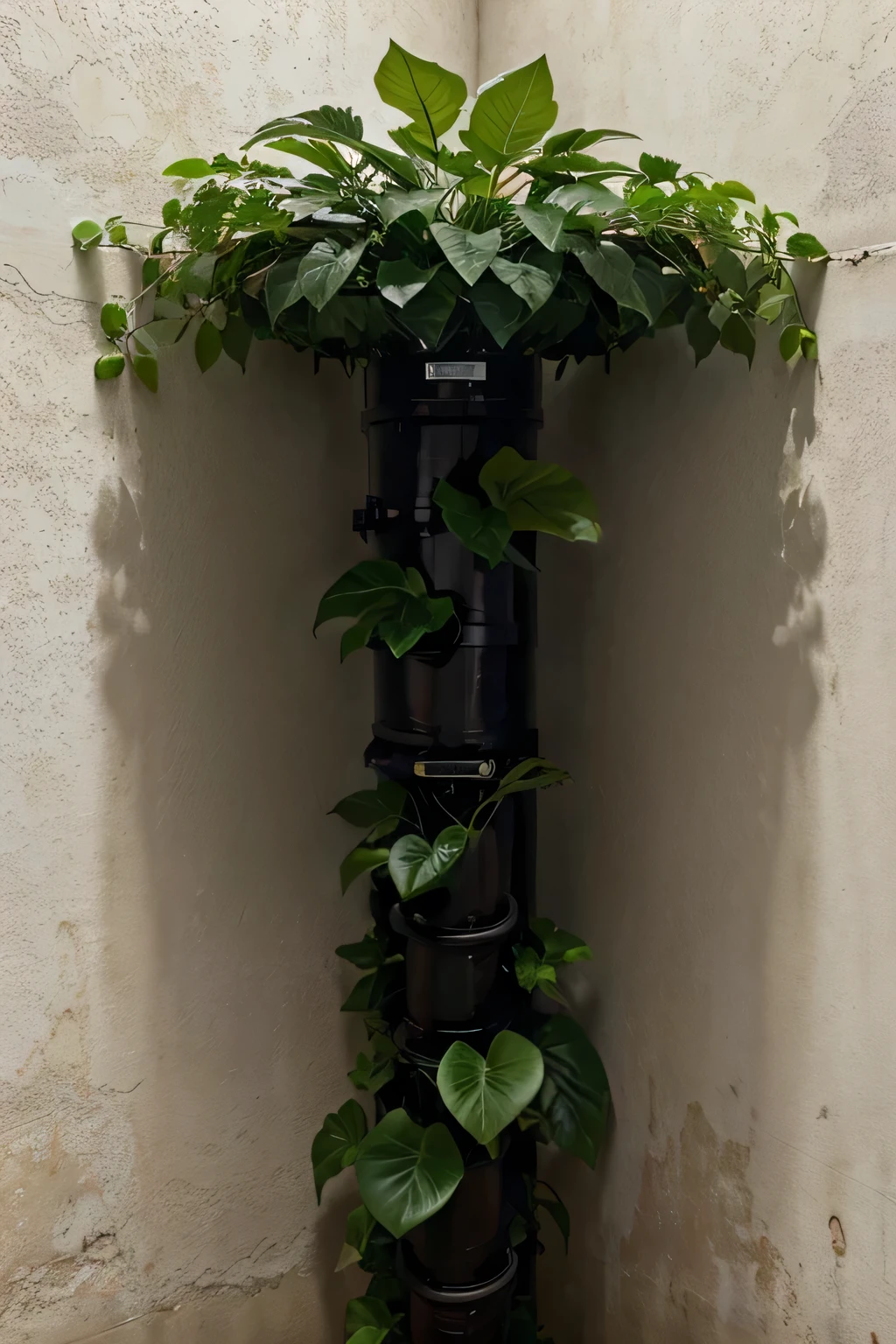 1 vertical pvc horta, leafy plants growing from single vertical pipe, white background, cinematic lighting, detailed high resolution, photorealistic, 8k, best quality, intricate details, warm colors, natural lighting, environmental portrait