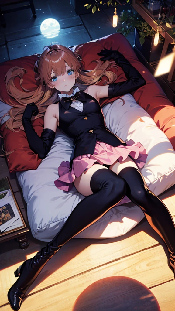 (full body),Tabletop, highest quality,Lie on your back in bed，Show me your boots，Thigh-high boots，Black Stockings，Black gloves，Strange thief，elegant, One Girl, Muscular，cute, Blushed, View Viewer, From below,Pink mini skirt, prison，blue eyes, Beautiful Eyes, Beautiful background, Light Particles, Light of the sun, Dramatic lighting, outside, Shiny, Realistic, Tabletop, highest quality, 超detailed, detailed, scenery, Beautiful fine details, Fine hair