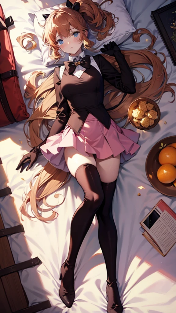 (full body),Tabletop, highest quality,Lie on your back in bed，Show me your boots，Thigh-high boots，Black Stockings，Black gloves，Strange thief，elegant, One Girl, Muscular，cute, Blushed, View Viewer, From below,Pink mini skirt, prison，blue eyes, Beautiful Eyes, Beautiful background, Light Particles, Light of the sun, Dramatic lighting, outside, Shiny, Realistic, Tabletop, highest quality, 超detailed, detailed, scenery, Beautiful fine details, Fine hair