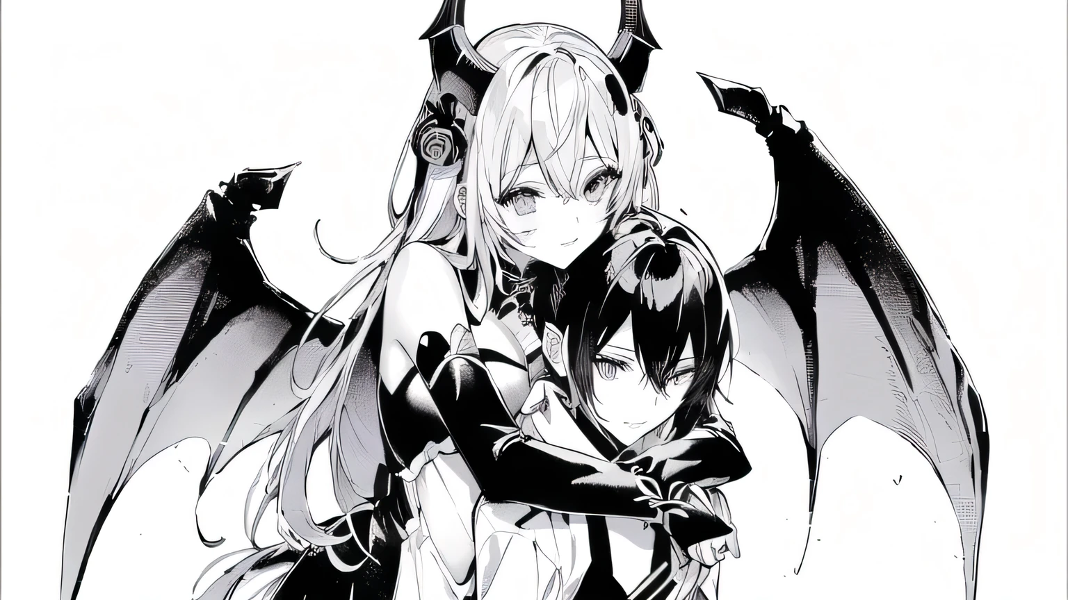 anime drawing of a couple of anime characters hugging, black and white manga, black and white manga style, black and white manga comic, black and white manga panel, black and white manga page, demon anime girl, manga cover art, mika kurai demon, woman loves demon, manga cover, demon boy, anime vampires, with hellish devil wings, manga cover style