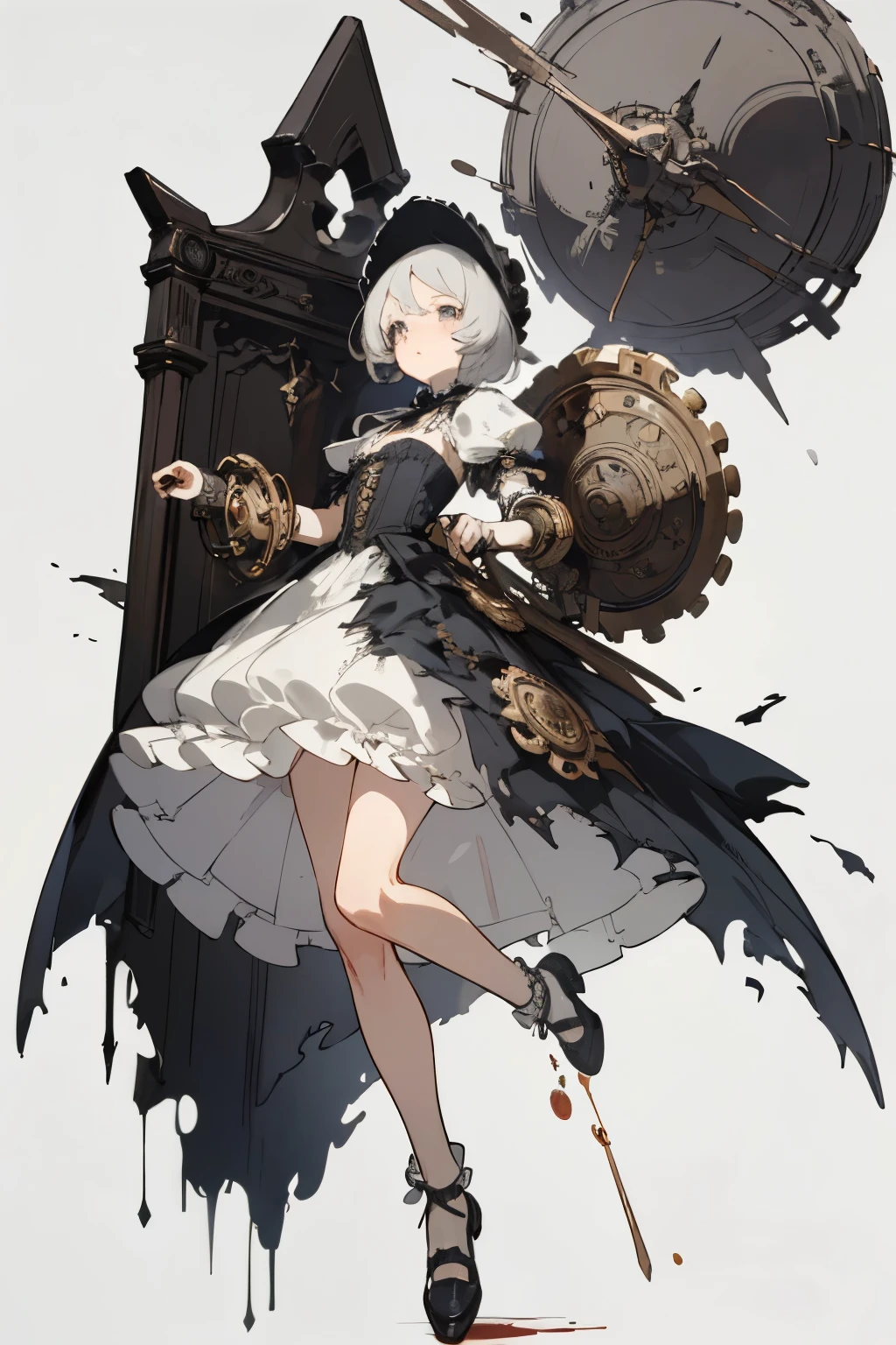 ((best quality)), ((masterpiece)), (detailed), perfect face ((best quality)), ((masterpiece)), (detailed), blank white background, plain background, white background, Bloodborne inspired, occult aesthetic, occult, detailed and intricate steampunk and detailed gothic, (zentangle, mandala, tangle, entangle), NSFW, torn clothing, Very dramatic and cinematic lighting, cosmic horror, grim-dark, side-lighting, perfect face, a beautiful goddess adorned and enshrined in armour, Bloodborne inspired , occult aesthetic , occult , detailed and intricate steampunk and detailed gothic , wielding a sword and holding a shield, NSFW, Fluttering lace flared short dress with frilly petticoats, knee length dress, pleated petticoats, lolita dress, petticoats gothic lolita, side-lighting, gothic lolita aesthetic, beautiful small breasts, small breasts, full body, whole body, body, plain background, white background, blank background, no background, white background NSFW, full body, whole body, head-to-toe