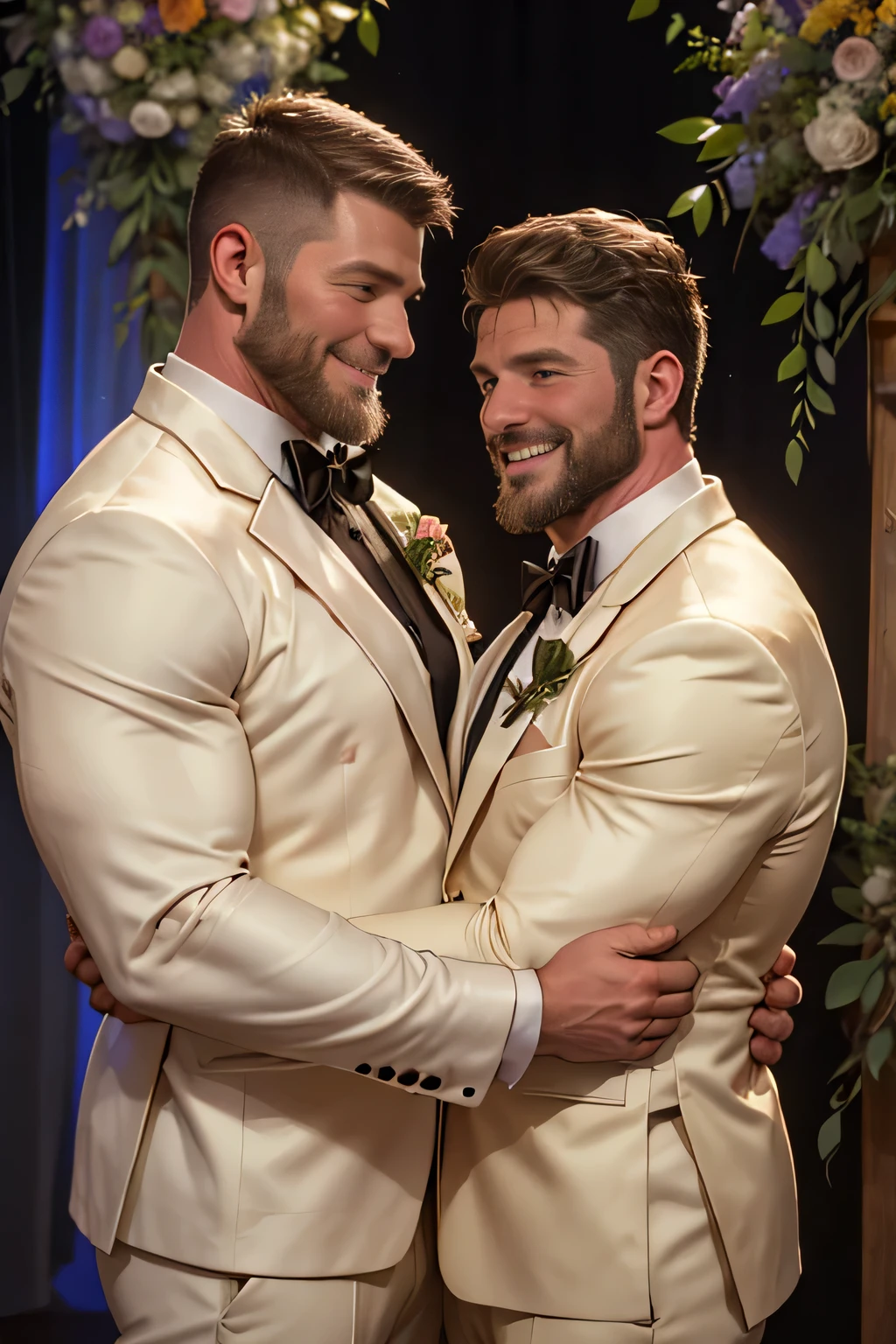 Award-winning original photos，2men, wild muscular men, (40 years old), beards, burly, hunk, jackets, smilling happily, wedding ceremony, (identical tuxedos), hugging, detailed, lovely, faces closeup, flowers, from the side