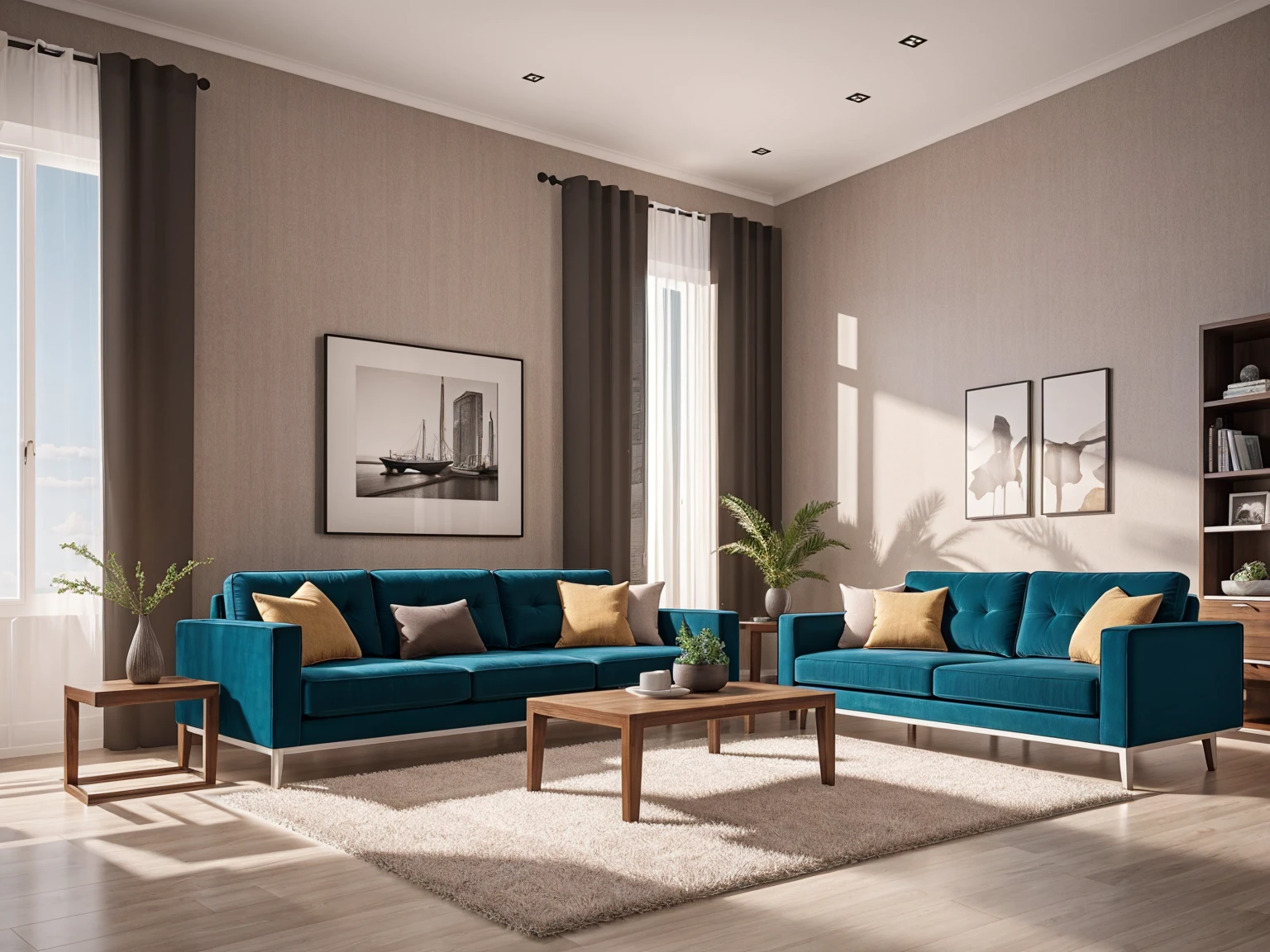 interior design; Modern living room; Highly detailed furniture; 4K resolution; Photorealistic; masterpiece