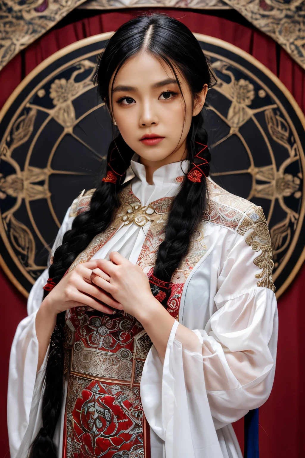 Girl 02, Shooting with Nikon Z7 II mirrorless camera,120mm F/4 Wide angle
Girl 02, 1girl in, Solo, Long hair, Looking at Viewer, Black hair, Long sleeves, braid
Wearing a white dress、Woman wearing black braid with blue and red pattern on neck, Chen Lu, art nouveau fashion embroidered, Portrait of character, Delaying Americanism、Holding an old map in one hand、
Woman wearing black top and red scarf with red and white design around neck, Chen Ji, art nouveau fashion embroidered, Silkscreen, Shippo Doctrine
Highest quality, masutepiece, ultra-detailliert, Cowboy Shot, flowing, 3DMM, ink sketch, color ink, Ink Rendering, Octane Render, pastels, rice paper, 1girl in, Beautiful detailed eyes, (alternate hairstyle), ultra-detailed hair, Graceful, (Charming), (Delicate), Pretty, Cute, Lace dress, The text in the center of the frame, Rhythm, Fantasy, Looking at Viewer,