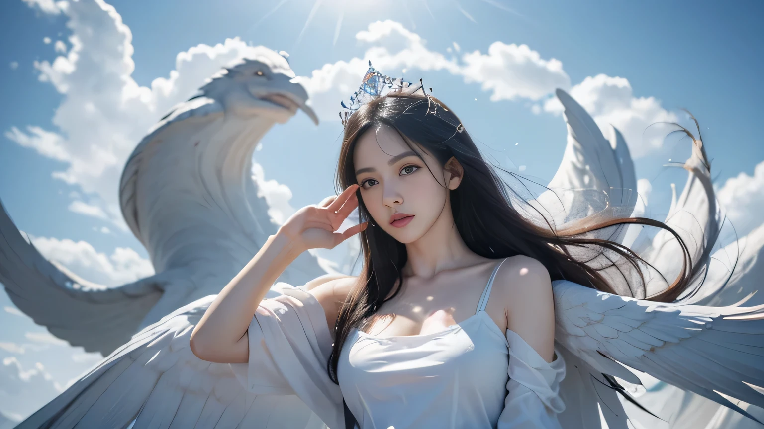 ((Full body portrait))Black Hair, Hair shaking, victory, Long eyelashes, Solid round eyes, A faint smile, red ears, direction, Surrealism, shadow, Relief, Stereogram, Tai Chi E, View, Atmospheric perspective, 8K, Super Detail, precise, best quality.masterpiece, best quality, (Extremely detailed CG unity 8k wallpaper), (best quality), (Best Illustration), (The best shadow), absurd, Realistic lighting, (abyss), Beautiful and delicate light, Peter Moore (Peter Mohr Bacher) Artworks,(White Wings 1.3)。Angel Girl,Flying to the clouds,White Cloud,White Cloud,Blue sky。Blue sky。Blue sky。(White papal robe1.3),(Golden Wings 1.3),Wearing a crown on his head,