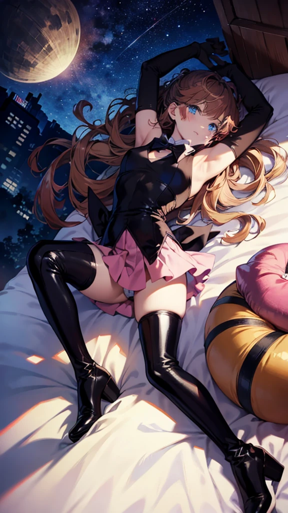 (full body),Tabletop, highest quality,Lie on your back in bed,Show me your boots,Thigh-high boots,Black Stockings,Black gloves,Strange thief,elegant, One Girl, Muscular,cute, Blushed, View Viewer, From below,Pink mini skirt, prison,blue eyes, Beautiful Eyes, Beautiful background, Light Particles, Light of the sun, Dramatic lighting, outside, Shiny, Realistic, Tabletop, highest quality, 超detailed, detailed, scenery, Beautiful fine details, Fine hair