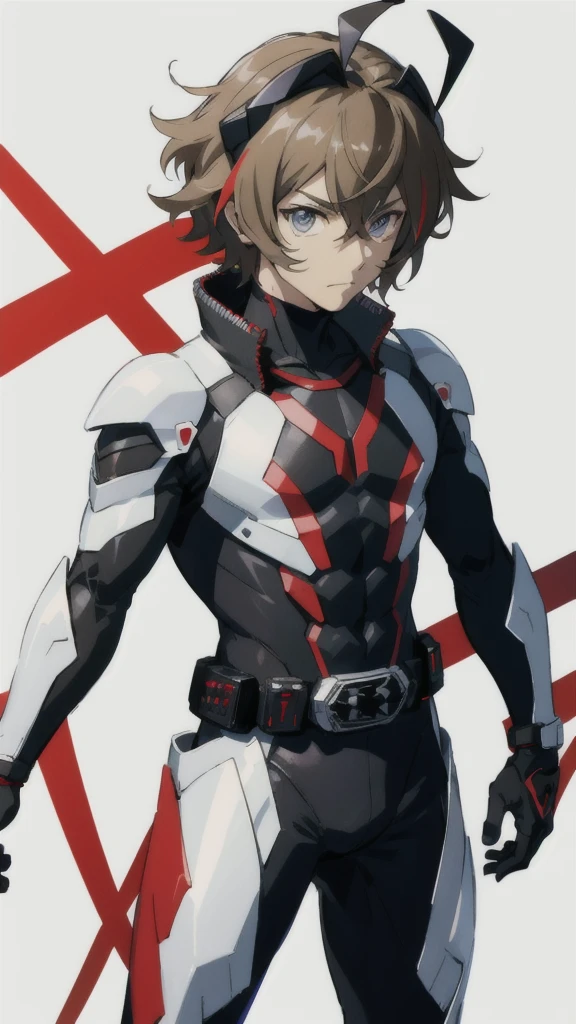 Kamen Rider、male people、Symphogear、
Black undersuit、White armor、Muffler white
Red compound eyes a belt