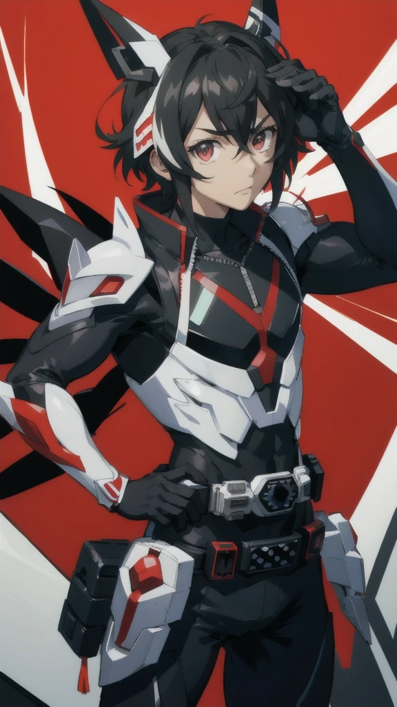 Kamen Rider、male people、Symphogear、
Black undersuit、White armor、Muffler white
Red compound eyes a belt
