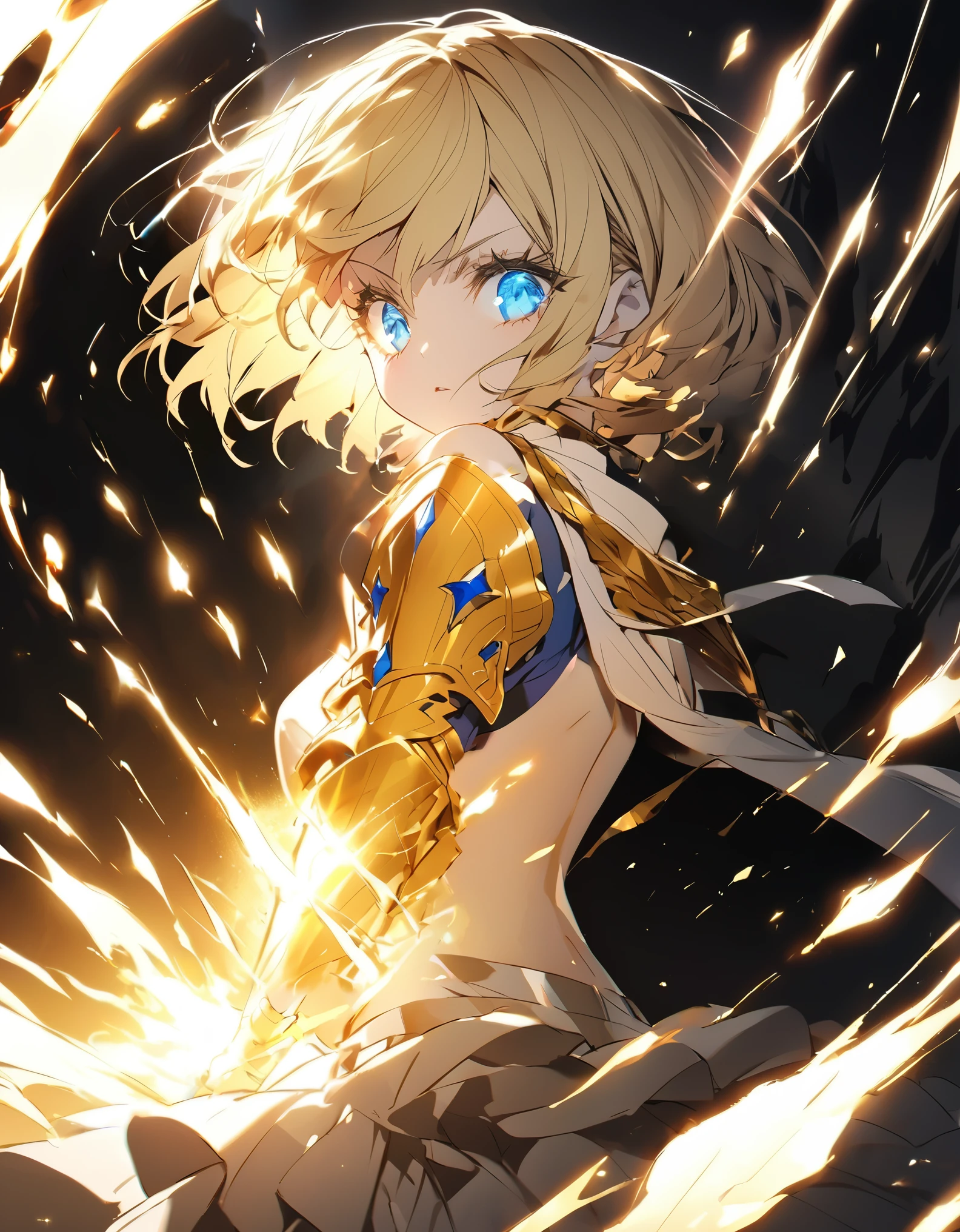 (Black background)High contrast Golden glowing flames all over the body(Shining Light:1.5)