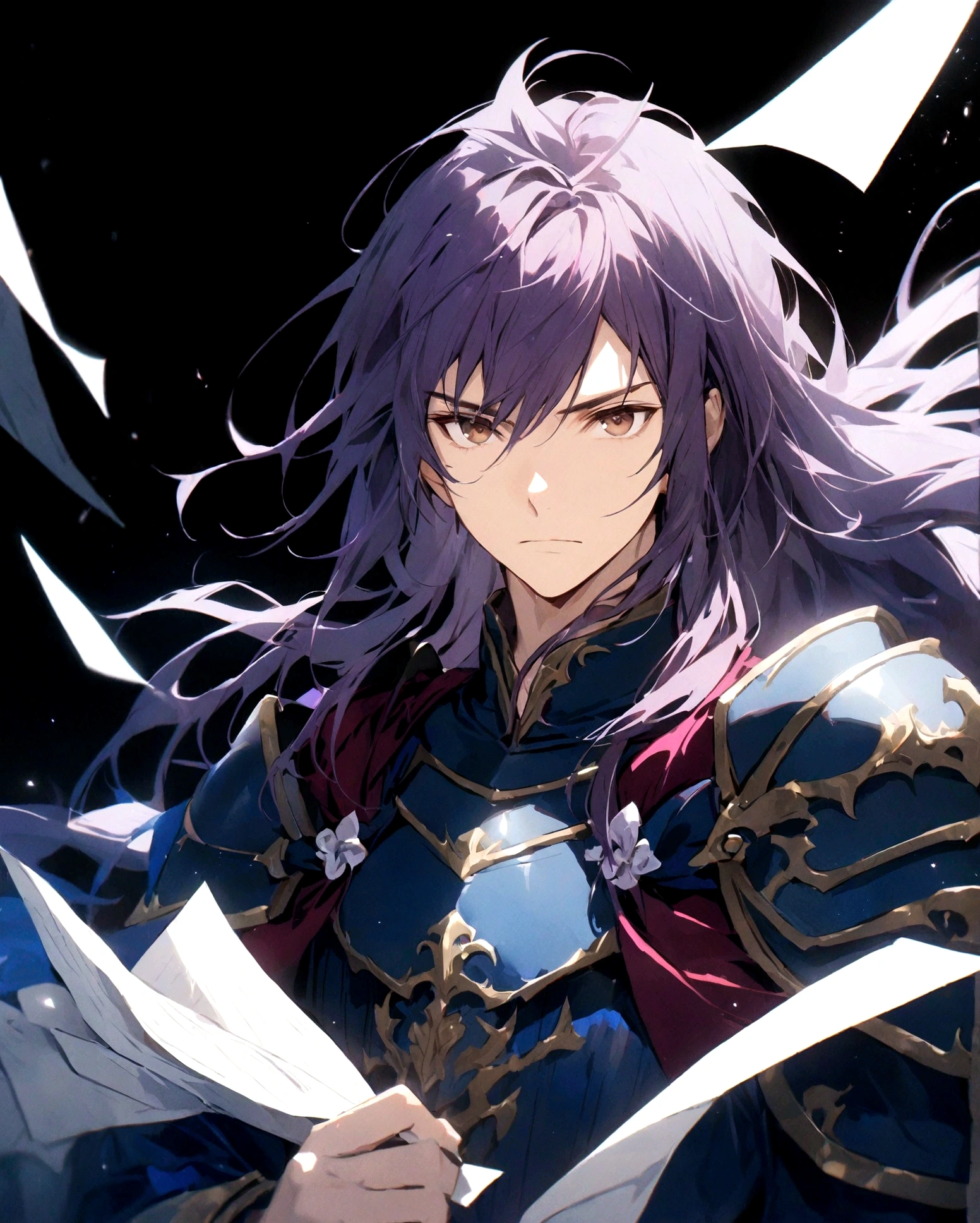 solo, long hair, looking at viewer, 1boy, holding, brown eyes, closed mouth, upper body, purple hair, male focus, armor, black background, paper, holding paper