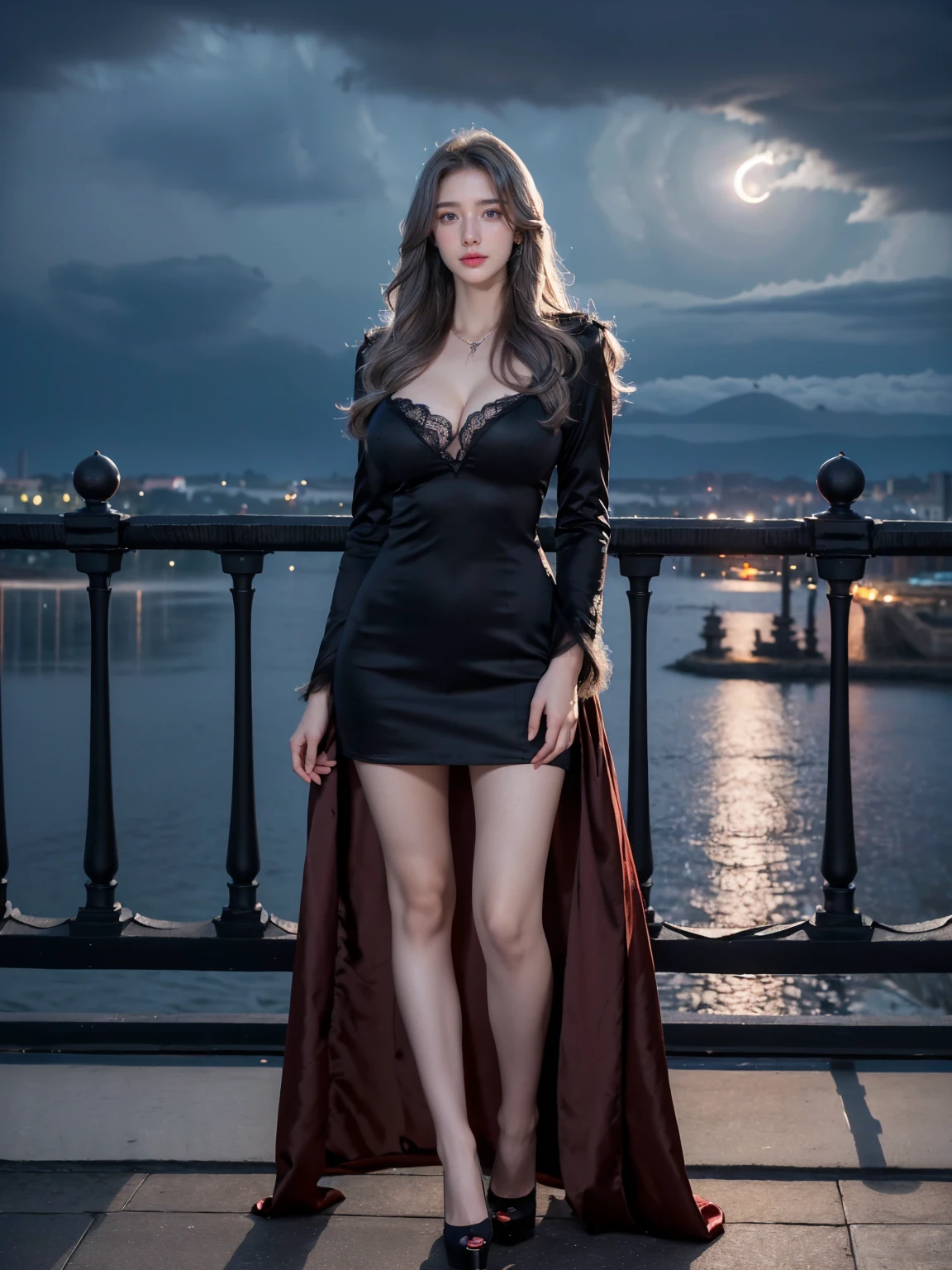 (Canon RF85mm f/1.2), (8k, RAW photos, best quality), (masterpiece), (realistic, photograph realistic), (ultra-detailed, High detail, Best image quality, super detailed, high resolution, Very detailed, Extreme detail description, hyperdetailed painting, An extremely delicate and beautiful work), Beautiful detailed girl, solo girl, (tall girl is 1m80), ((Perfect body)), Very detailed eyes and face, fair skin, noble beauty, ((detailed skin texture, pore)), perfect anatomy, Beautiful detailed whole body, delicate face, (slender abs, slim waist, large hip), (medium breasts, Bulging breasts), (cleavage:1.3), (affectionate look, soulful eyes, glowing eyes), (dark red eyes:1.5), (bouffant bangs hair), (gray hair:1.5), (smile:1.2), (Enchanted expression), (charming appearance), ((luxury queen very long dress)), ((black open chest fur coat)), ((high heel, earrings, lace necklace)), ((night)), physically-based rendering, Realistic lighting, (((full body:1.3))), ((looking at viewer:1.3)), ((standing on high place, large view, under night sky, dark cloud, moonlight:1.4))