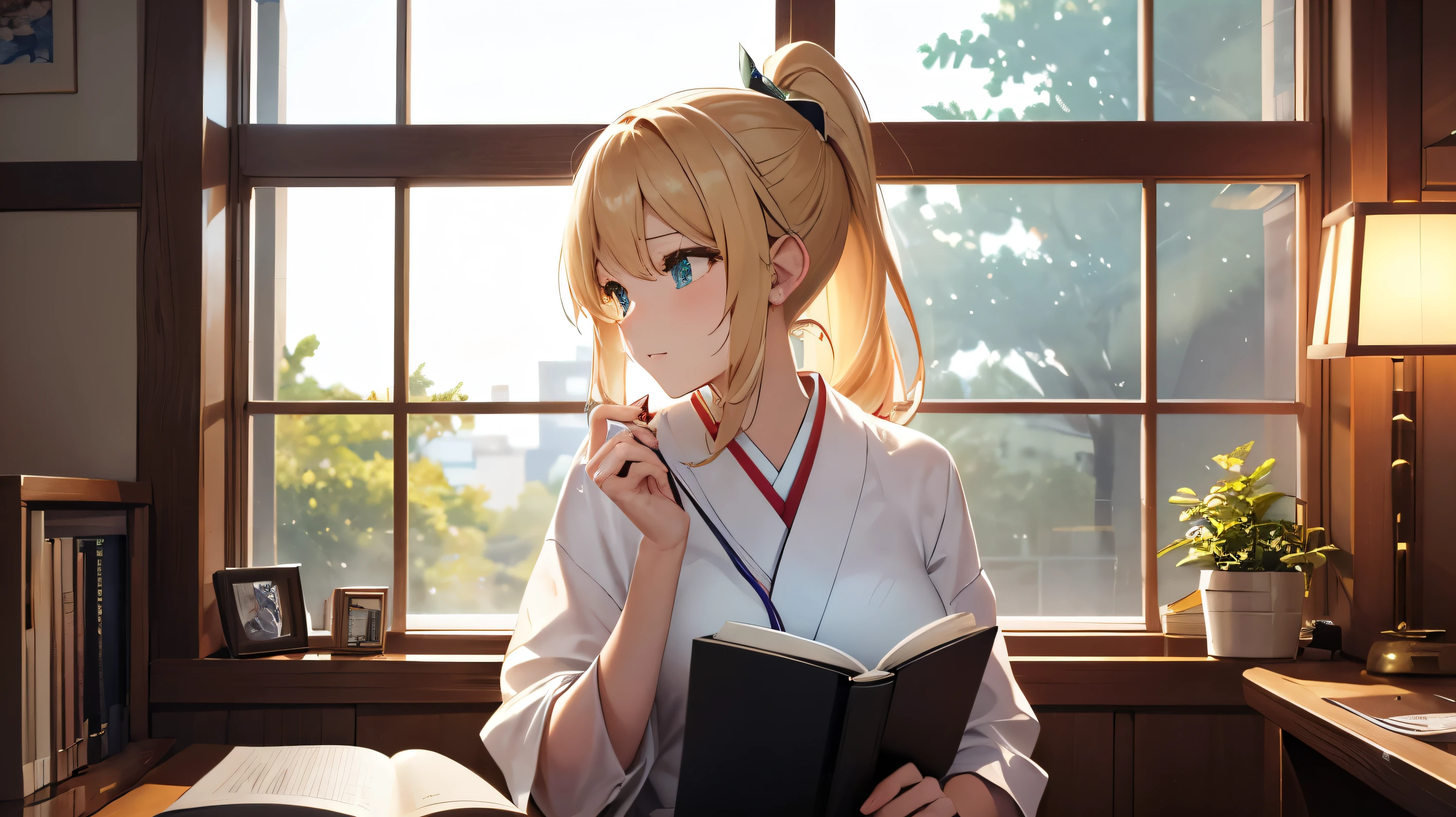 Listening to music with headphones in a room、Full body image、Facing us from the front、is studying with a book on the desk、Beautiful blonde、ponytail、Loose and fluffy hair、woman、Warm lighting、Outside the window, the streetlights、Emerald green eyes、Japanese anime style、