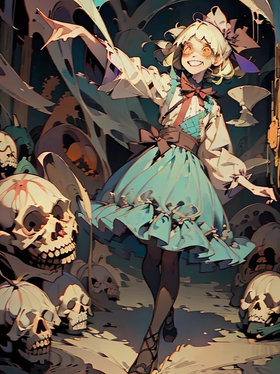 Gruesome and spooky details、An atmosphere full of suspense and tension、Psychological horror、Cute Smile、Mysterious and unsettling atmosphere、A terrifying moment、Nightmare scenario、Alice in Wonderland、Blonde、Big shoes、Enthusiastic atmosphere、Mischievous Smile、Expressive gestures、Comical movement、Psychedelic world