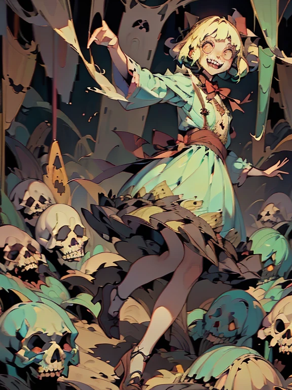 Gruesome and spooky details、An atmosphere full of suspense and tension、Psychological horror、Cute Smile、Mysterious and unsettling atmosphere、A terrifying moment、Nightmare scenario、Alice in Wonderland、Blonde、Big shoes、Enthusiastic atmosphere、Mischievous Smile、Expressive gestures、Comical movement、Psychedelic world