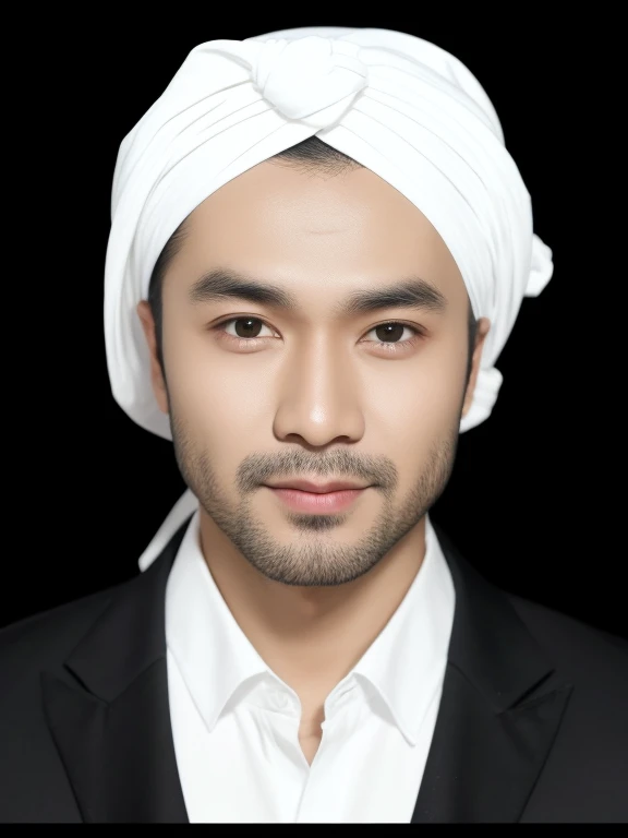 realistic, indonesia face, white turban, white shirt, black suit, real.
