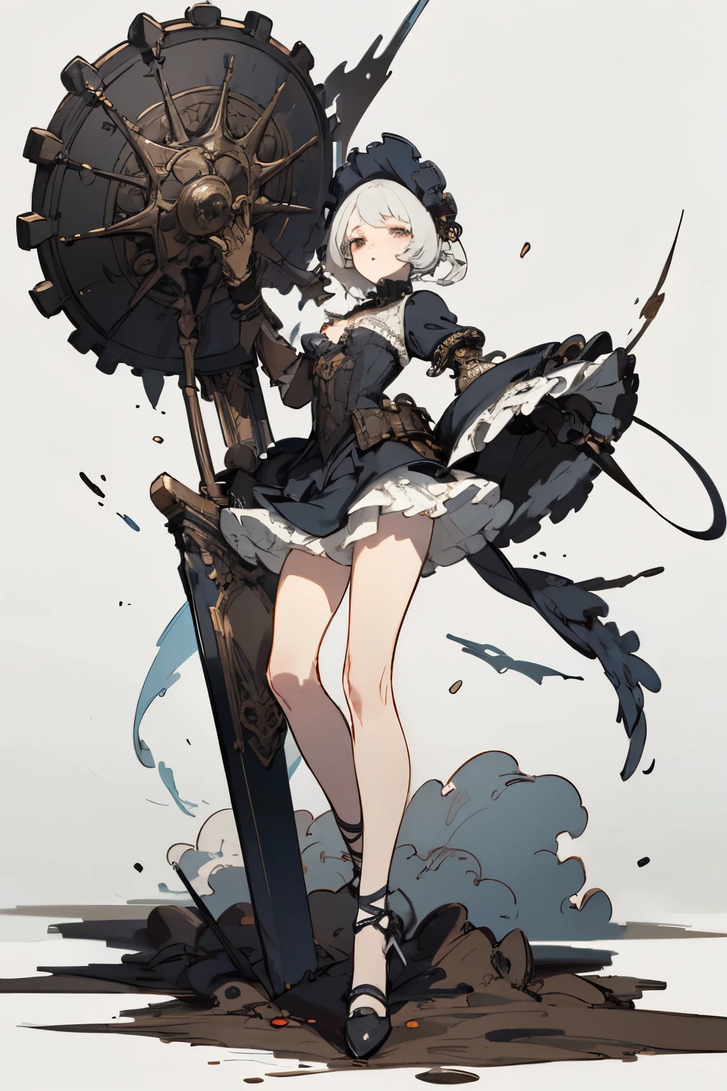 ((best quality)), ((masterpiece)), (detailed), perfect face ((best quality)), ((masterpiece)), (detailed), blank white background, plain background, white background, Bloodborne inspired,  occult aesthetic, occult, detailed and intricate steampunk and detailed gothic, (zentangle, mandala, tangle, entangle),  NSFW, torn clothing, Very dramatic and cinematic lighting, cosmic horror, grim-dark, side-lighting, perfect face, a beautiful goddess adorned and enshrined in armour, Bloodborne inspired , occult aesthetic , occult , detailed and intricate steampunk and detailed gothic , wielding a sword and holding a shield, NSFW, Fluttering lace flared short dress with frilly petticoats, knee length dress, pleated petticoats, ta dress, petticoats gothic loliside-lighting, gothic lolita aetic, beautiful small breasts, small breasts, full body, whole body, body, plain background, white background, blank background, no background, white background NSFW, full body, whole body, head-to-toe