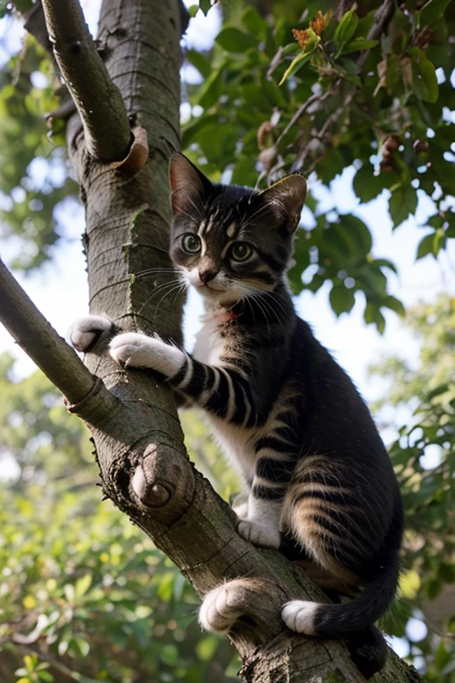 small affectionate kitten on a tree branch