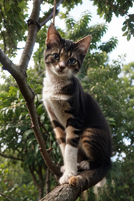 small affectionate kitten on a tree branch